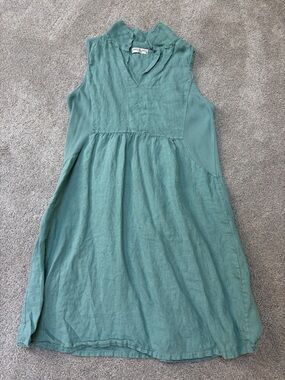 Teal green sleeveless dress-Terzo Millennio Italian linen shift dress